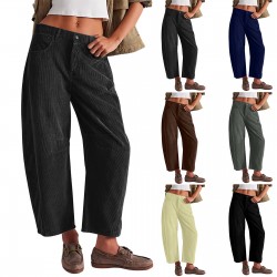 2025 New Autumn Women's High-Waisted Casual Pants - European & American Solid Color Corduroy Loose Straight-Leg Trousers