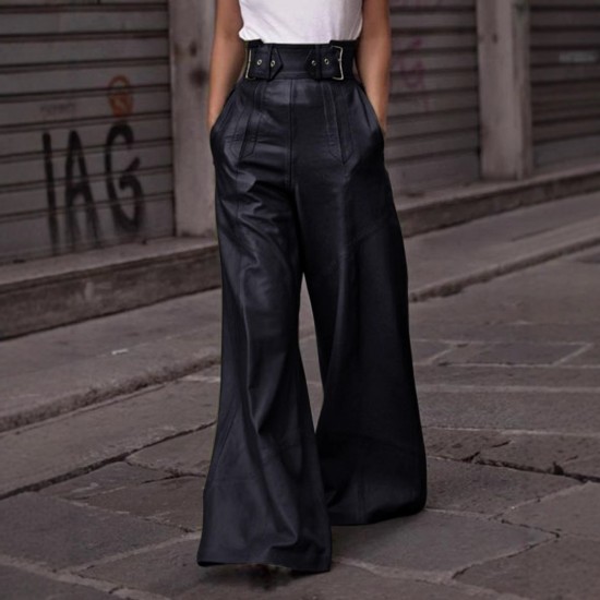 2025 New Fashion Women's Leather Pants - High-Waist Loose Pockets Waist-Tied PU Leather Flared Casual Pants