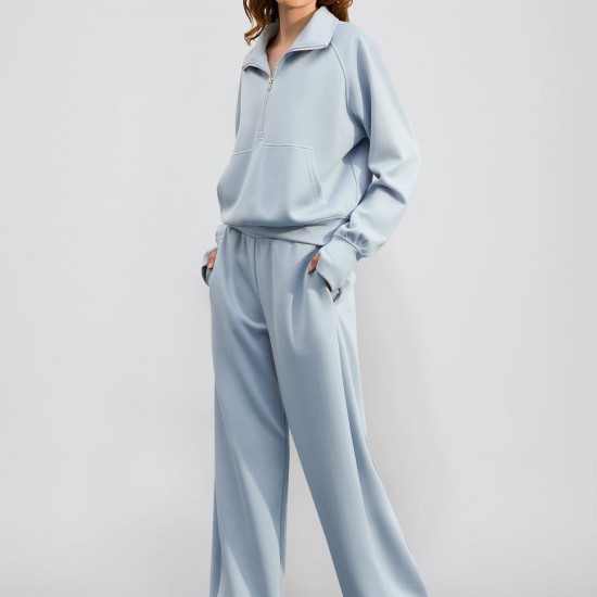 European & American Women's 2-Piece Tracksuit - Zipper Sweatshirt & Wide-Leg Sweatpants, Casual Outfit