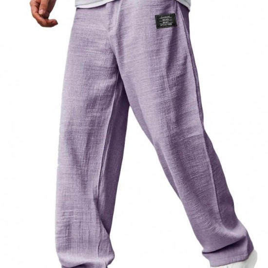 Men's Casual Cotton-Linen Pants - Embroidered Logo, Drawstring Elastic Waist with Pockets, Gray & White