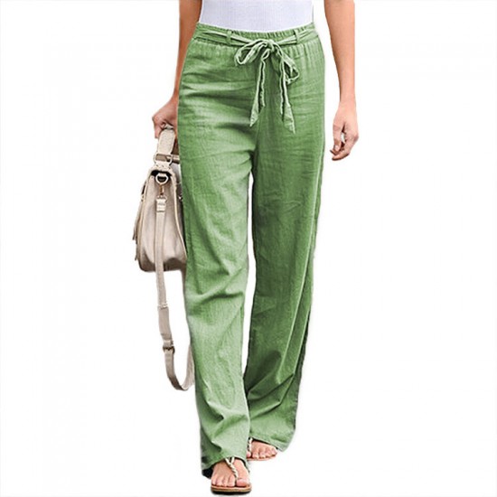 2025 Women's Summer European & American Pants - Elastic-Waist Solid Color Cotton-Linen Wide-Leg Trousers, Breathable Loose Fit