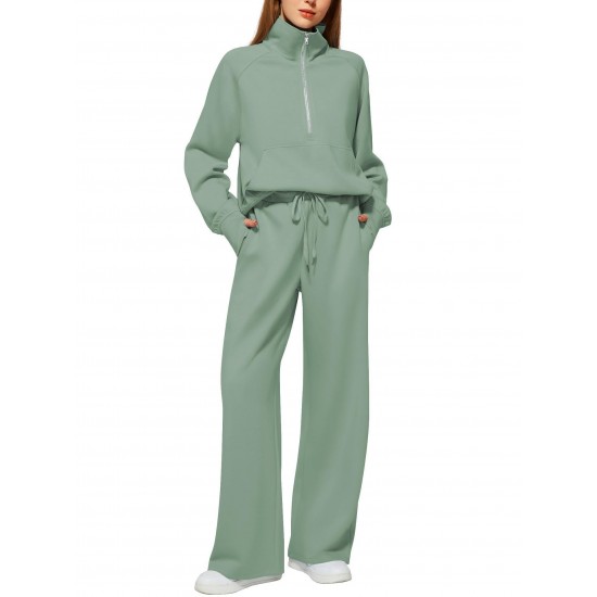 European & American Women's 2-Piece Tracksuit - Zipper Sweatshirt & Wide-Leg Sweatpants, Casual Outfit