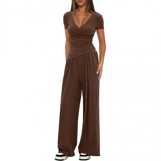 Solid Color 2-Piece Casual Set - Warp-Knit V-Neck Short-Sleeve Top & Wide-Leg Pants, Sporty Matching Outfit