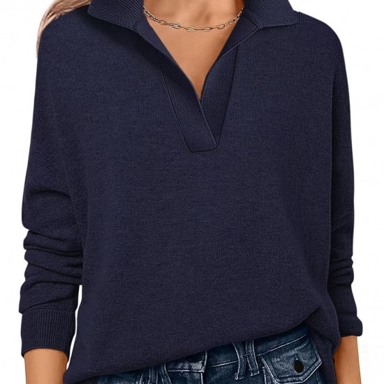 2025 European & American Women's Top - Independent Station Best-Selling Solid Color V-Neck Long-Sleeve Loose Fashion T-Shirt