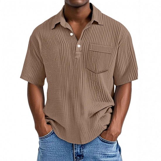 2025 European & American Men's Waffle Knit Polo Shirt - Lapel Short-Sleeve Pullover Casual Button-Down T-Shirt