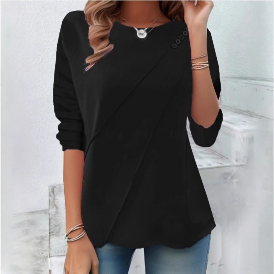 2025 New Women's Crew Neck Button-Detail Irregular Base Layer - Slim-Fit Long-Sleeve Top, Stylish & Versatile