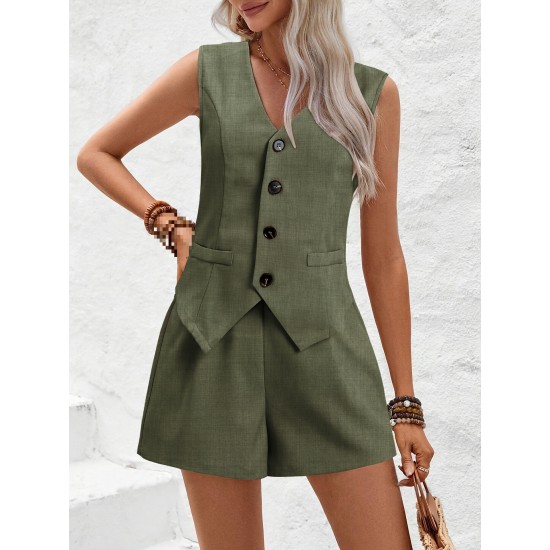 2025 New Women's Elegant Office Two-Piece Set - V-Neck Button-Accent Vest & Shorts