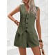 2025 New Women's Elegant Office Two-Piece Set - V-Neck Button-Accent Vest & Shorts