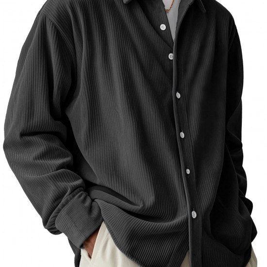 Men's European Size Corduroy Shirt - Loose Trendy Long-Sleeve Solid Color Collared Button-Down
