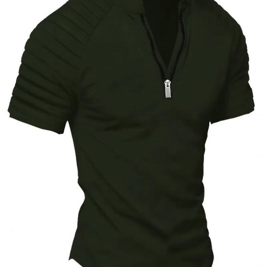2025 European & American Men's INS Summer Casual Polo Shirt - Zip-Detail Pleated Sports Polo