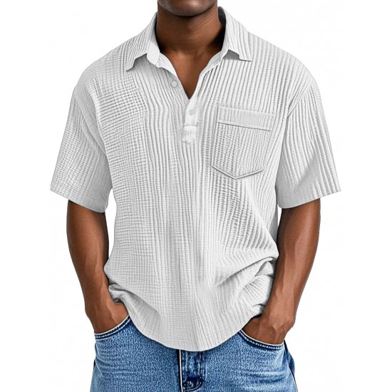 2025 European & American Men's Waffle Knit Polo Shirt - Lapel Short-Sleeve Pullover Casual Button-Down T-Shirt