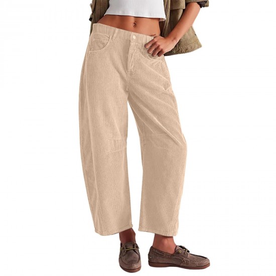 2025 New Autumn Women's High-Waisted Casual Pants - European & American Solid Color Corduroy Loose Straight-Leg Trousers