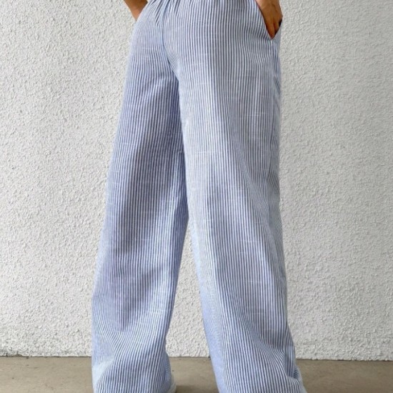 2025 New European & American Women's Pants - Fashion Striped/Plaid Color-Block Loose Wide-Leg Casual Trousers