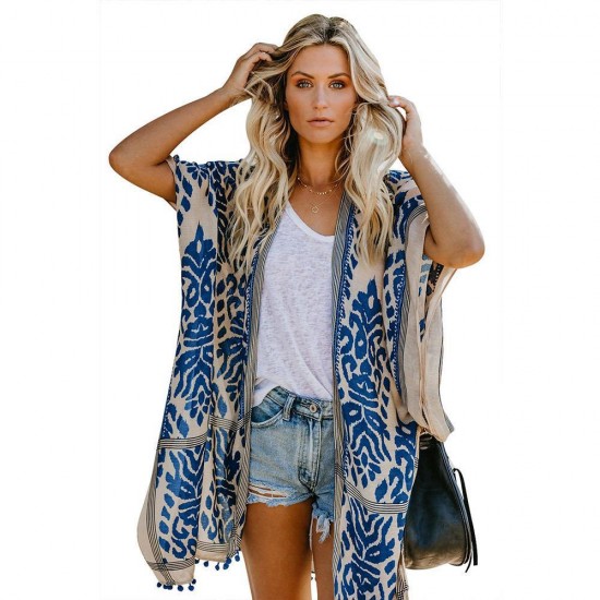 2025 European & American Bali-Style Beach Vacation Cardigan - Short-Sleeve Printed Pom-Pom Kimono Cover-Up, Mid-Length Women's Outerwear