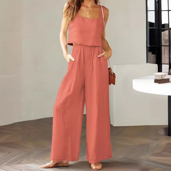 2025 New European & American Women's 2-Piece Set - Square Neck Sleeveless Camisole & Wide-Leg Pants Casual Outfit