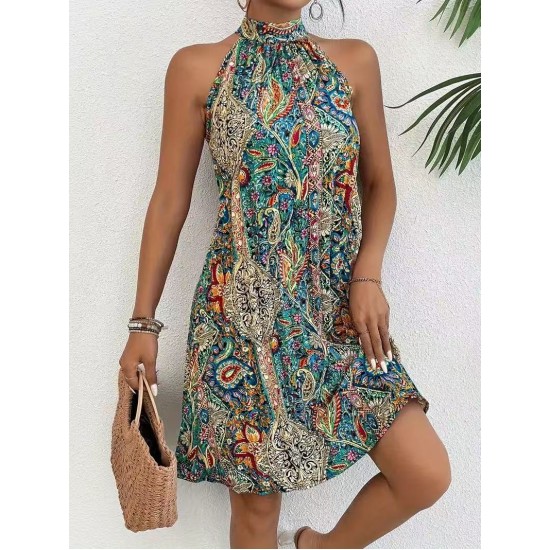 2025 New Women's Bohemian Style Dress - Sleeveless Halter Neck Elegant Beach Vacation Maxi Dress