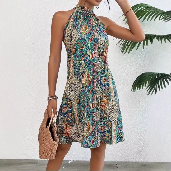 2025 New Women's Bohemian Style Dress - Sleeveless Halter Neck Elegant Beach Vacation Maxi Dress