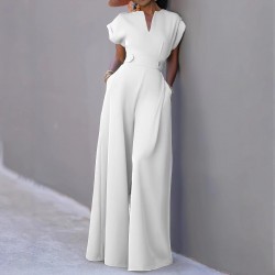 2025 New European & American Women's Jumpsuit - Elegant Fashion Solid Color Half-Placket High-Waist Wide-Leg Sleeveless