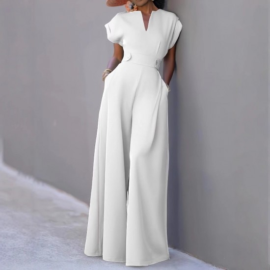2025 New European & American Women's Jumpsuit - Elegant Fashion Solid Color Half-Placket High-Waist Wide-Leg Sleeveless