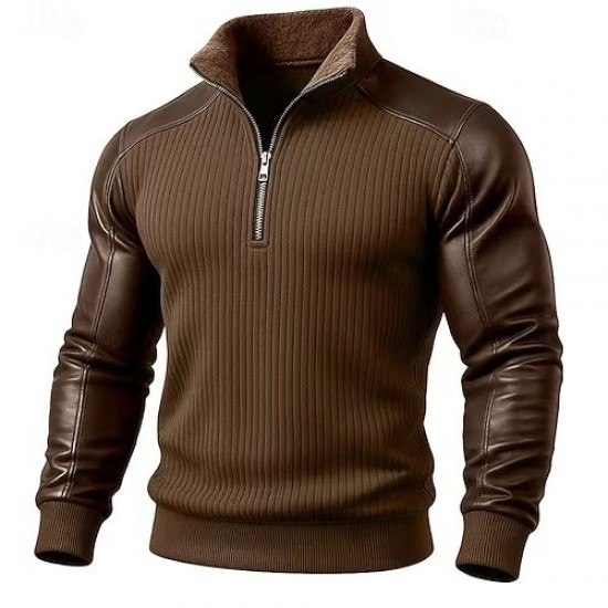 2025 American Retro Casual Stand-Collar Zipper Pullover - Loose Heavyweight Knit Color-Block Jacquard Long-Sleeve (Autumn Winter)