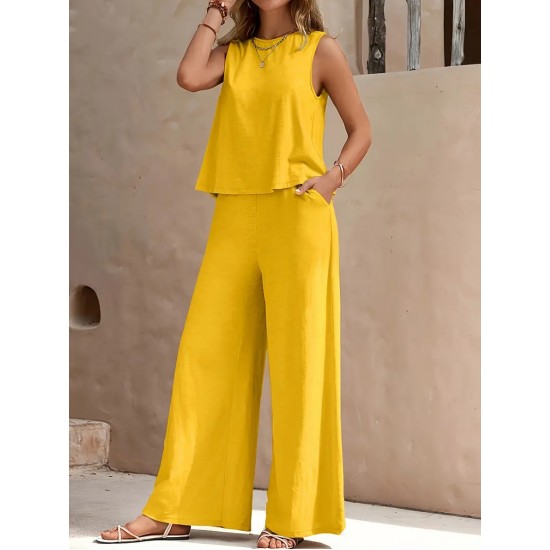 2025 European & American Solid Color Elegant 2-Piece Set - Crew Neck Tank Top & Wide-Leg Pants for Women