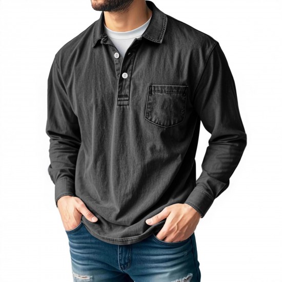 2025 European & American New Men's American Retro 100% Cotton Washed Distressed Long-Sleeve Polo Shirt