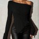 2025 New Autumn Women's Off-the-Shoulder Slim-Fit Pullover T-Shirt - Asymmetrical Collar & Irregular Hem Long-Sleeve