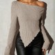 2025 New Autumn Women's Off-the-Shoulder Slim-Fit Pullover T-Shirt - Asymmetrical Collar & Irregular Hem Long-Sleeve