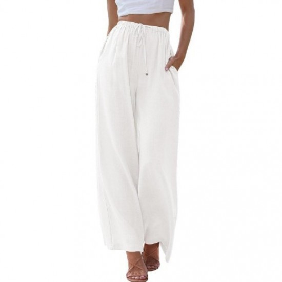 2025 European & American Sized Women's Linen Pants - Loose Casual Wide-Leg Pants with Pockets & Drawstring