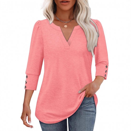 2025 Autumn & Winter New Women's Solid Color V-Neck T-Shirt - Minimalist Thin Long-Sleeve Top, Snowflake Cotton, Loose & Figure-Flattering