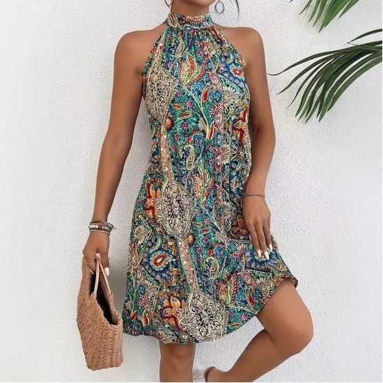 2025 New Women's Bohemian Style Dress - Sleeveless Halter Neck Elegant Beach Vacation Maxi Dress