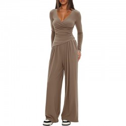 Solid Color 2-Piece Casual Set - Warp-Knit V-Neck Long-Sleeve Top & Wide-Leg Pants, Sporty Matching Outfit