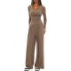 Solid Color 2-Piece Casual Set - Warp-Knit V-Neck Long-Sleeve Top & Wide-Leg Pants, Sporty Matching Outfit