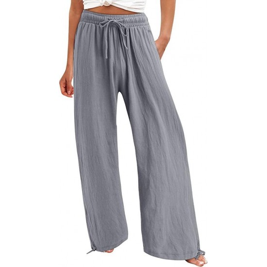 2025 Summer TEMU European & American Women's New Pants - Cotton-Linen Wide-Leg Drawstring Beach/Casual Trousers