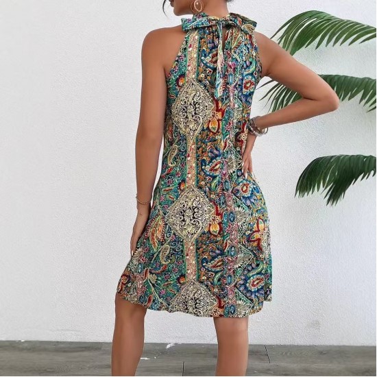 2025 New Women's Bohemian Style Dress - Sleeveless Halter Neck Elegant Beach Vacation Maxi Dress