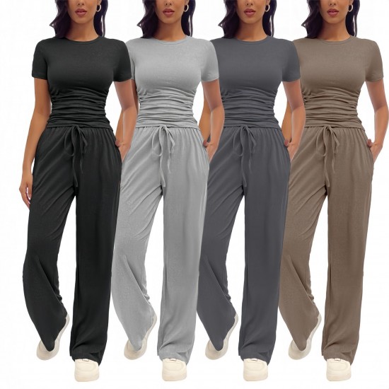2025 European & American Fashion Casual Set - Kim Kardashian Inspired Ruched Short-Sleeve Top & Pants 2-Piece Outfit