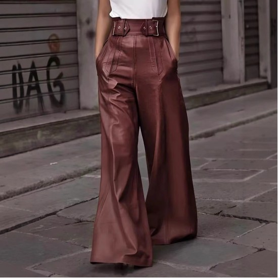 2025 New Fashion Women's Leather Pants - High-Waist Loose Pockets Waist-Tied PU Leather Flared Casual Pants