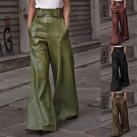 2025 New Fashion Women's Leather Pants - High-Waist Loose Pockets Waist-Tied PU Leather Flared Casual Pants