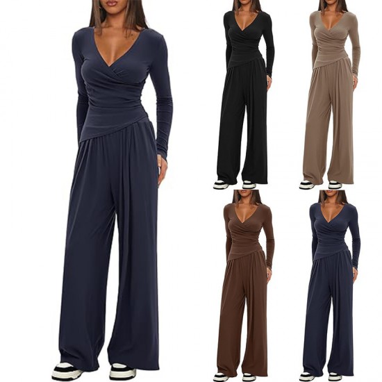 Solid Color 2-Piece Casual Set - Warp-Knit V-Neck Long-Sleeve Top & Wide-Leg Pants, Sporty Matching Outfit