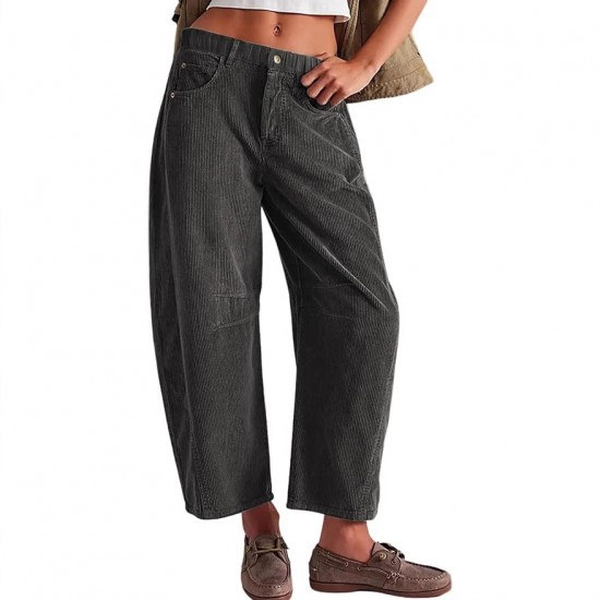 2025 New Autumn Women's High-Waisted Casual Pants - European & American Solid Color Corduroy Loose Straight-Leg Trousers
