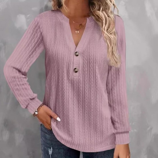 2025 European & American Autumn & Winter New Women's Long-Sleeve T-Shirt - Solid Color V-Neck Button-Down Top (Independent Station)