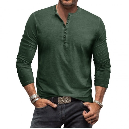 Men's Tie-Dye Henley Slim Retro Long-Sleeve T-Shirt - Button Washed Distressed V-Neck Tee