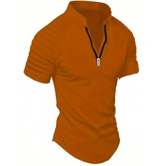 2025 European & American Men's INS Summer Casual Polo Shirt - Zip-Detail Pleated Sports Polo