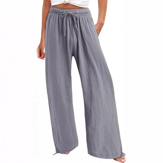 2025 Summer TEMU European & American Women's New Pants - Cotton-Linen Wide-Leg Drawstring Beach/Casual Trousers
