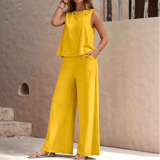 2025 European & American Solid Color Elegant 2-Piece Set - Crew Neck Tank Top & Wide-Leg Pants for Women