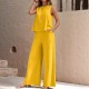 2025 European & American Solid Color Elegant 2-Piece Set - Crew Neck Tank Top & Wide-Leg Pants for Women