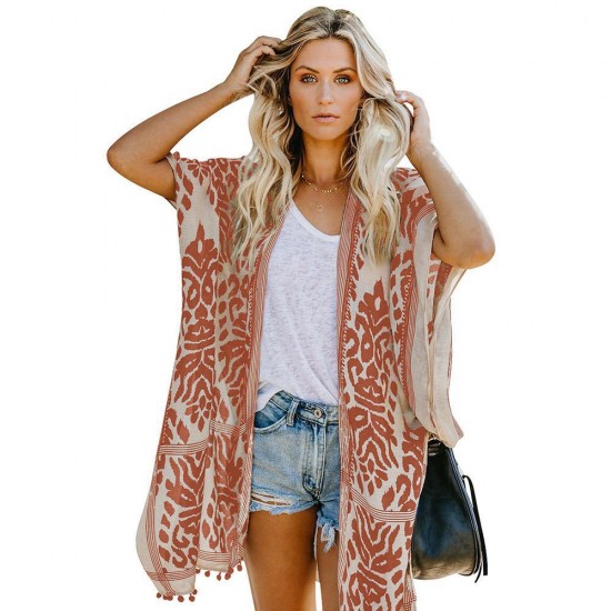 2025 European & American Bali-Style Beach Vacation Cardigan - Short-Sleeve Printed Pom-Pom Kimono Cover-Up, Mid-Length Women's Outerwear
