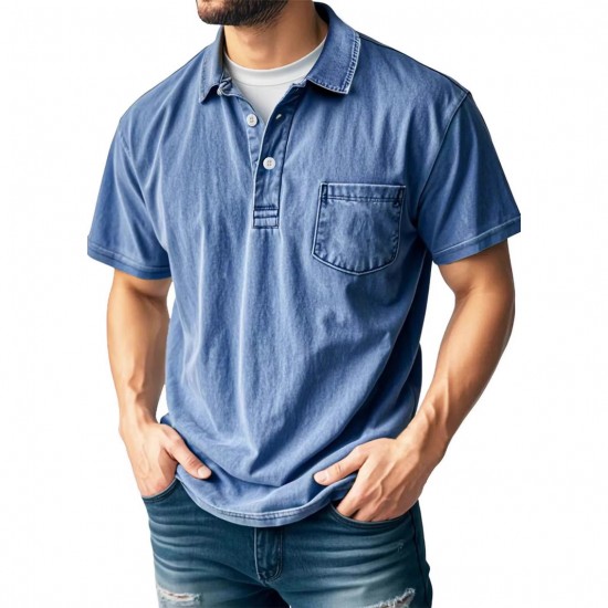 2025 Independent Station Men's 100% Cotton Casual Versatile Retro Short-Sleeve Button Collared T-Shirt