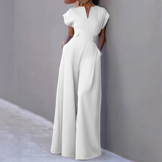 2025 New European & American Women's Jumpsuit - Elegant Fashion Solid Color Half-Placket High-Waist Wide-Leg Sleeveless