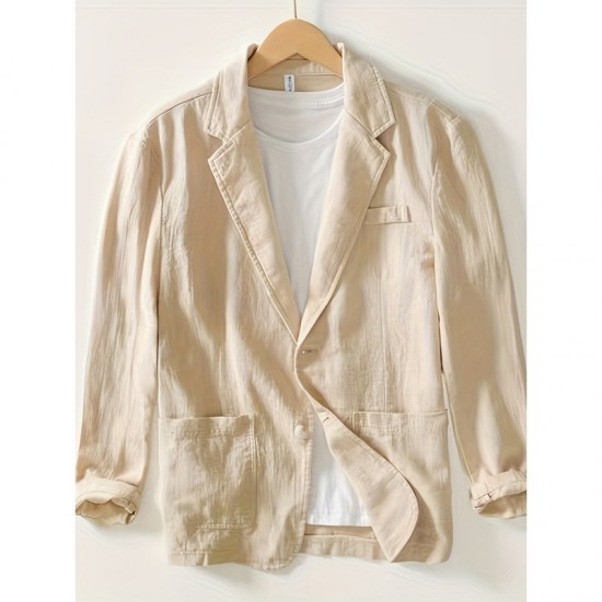 Men's Casual Blazer - Single-Layer Solid Color Cotton-Linen Fashionable Outerwear
